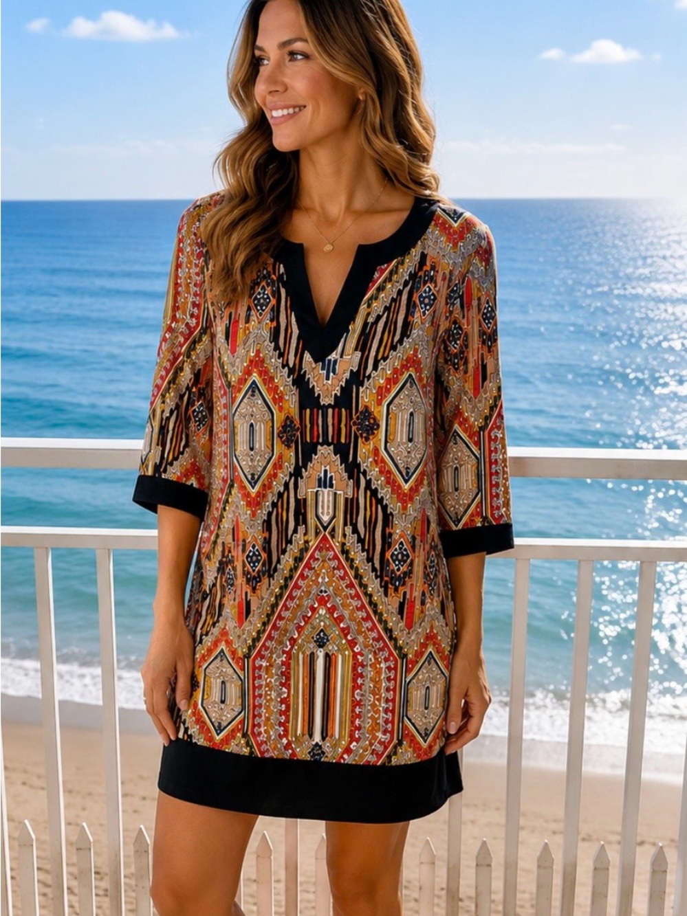 Trina Turk Multicolor Geometric V-Neck dress with Black Trim